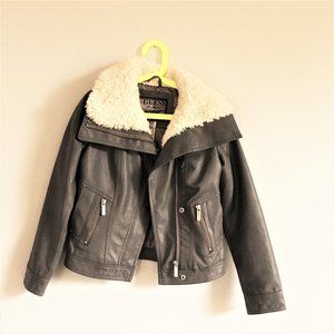 Kids girls GUESS faux leather grey moto jacket coat white faux fur collar M 10
